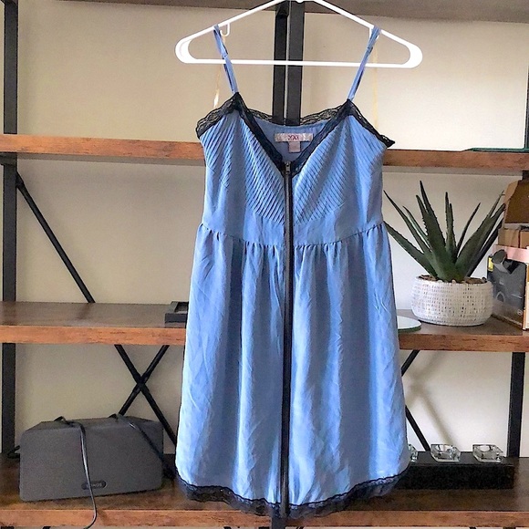 Vintage Forever 21 front zipper mini slip dress, black lace hem - Picture 3 of 11